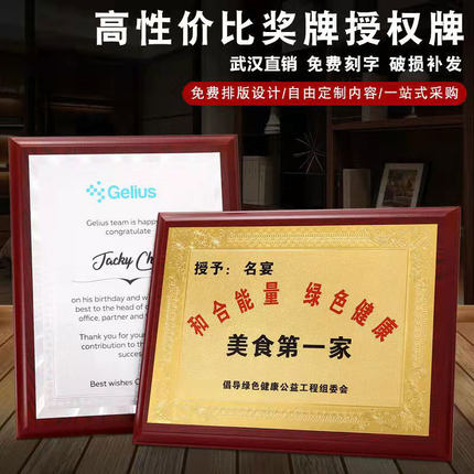 高档荣誉授权牌匾证书挂墙奖牌金箔银铜牌实木质木托公司定制定做