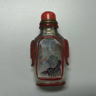 老内画鼻烟壶：工笔手法山水画，淄博老内画师傅作品，稀罕宝贝。