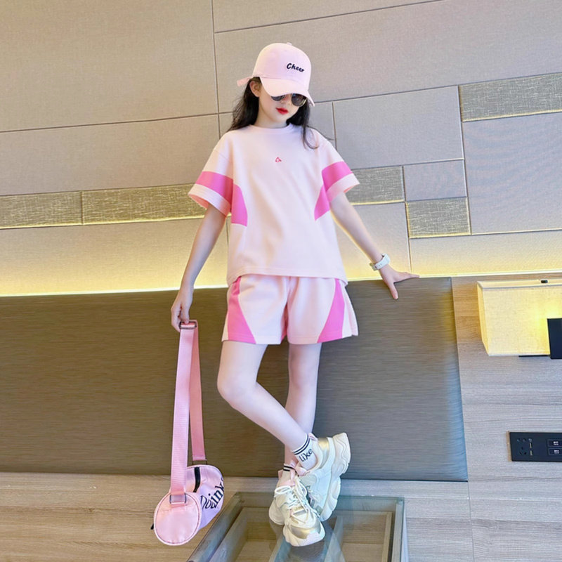 女童纯棉运动套装夏季2026新款洋气夏装中大童女孩短袖短裤两件套