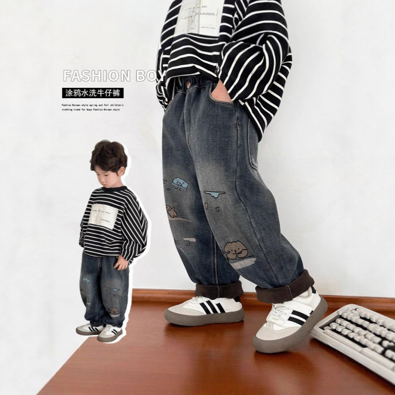 男童加绒牛仔裤秋冬款2026新款儿童洋气涂鸦加厚长裤湖州织里童装