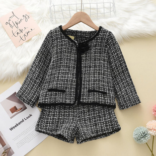 儿童春秋季新款女童套装儿童小香风格子西服千鸟格两件套套装