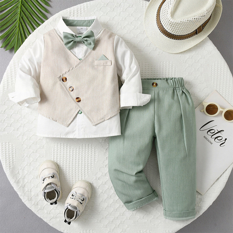 欧美小西装两件套儿童衣服宝宝春秋款假马甲长袖男童套装