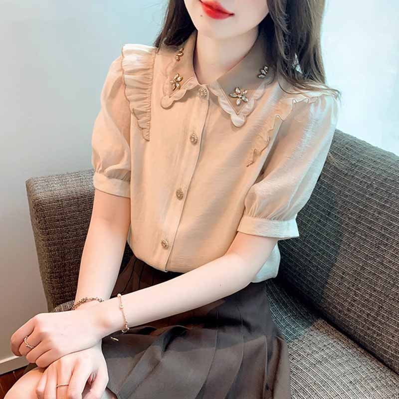 短袖衬衫女夏季2026新款法式娃娃领高级感轻奢减龄洋派泡泡袖上衣