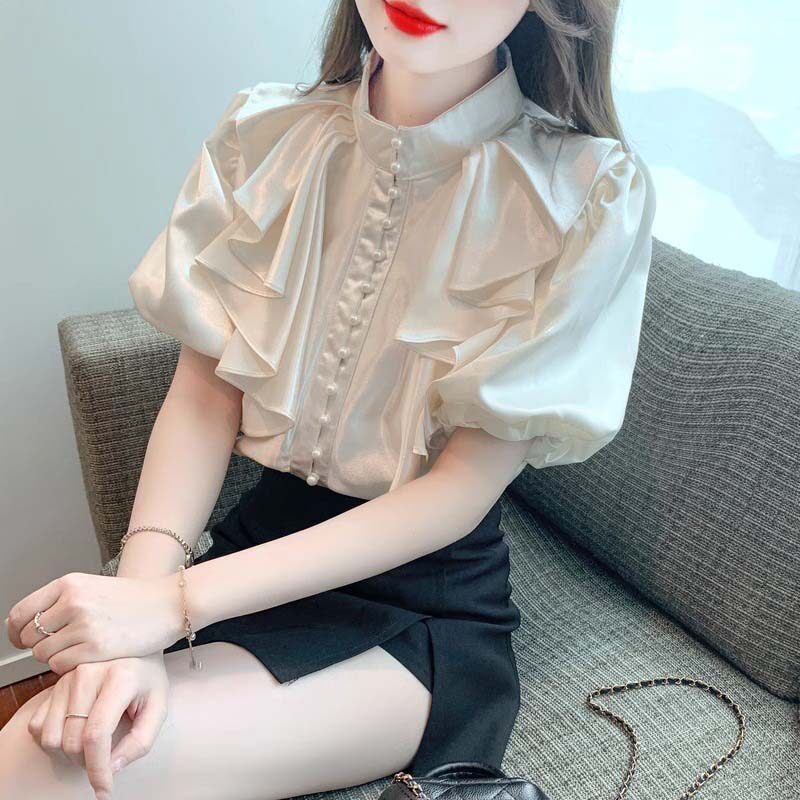 雪纺衬衫女2026新款夏季法式半高领灯笼袖设计感小众气质小衫衬衣