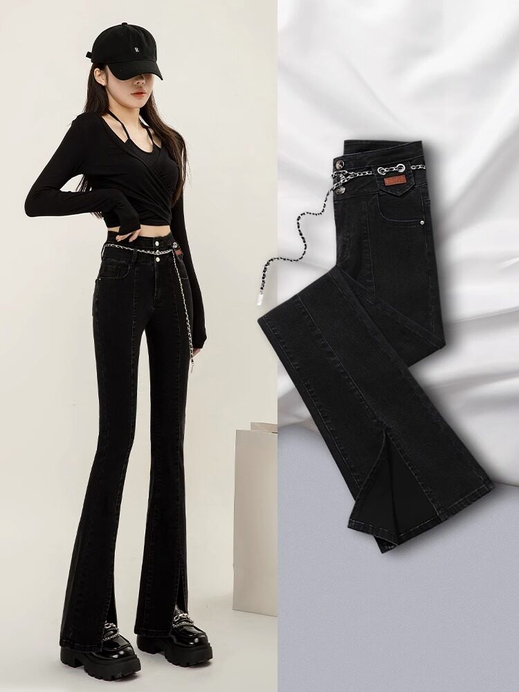 微喇黑色牛仔裤女2025新款春秋款高腰修身显瘦开叉喇叭马蹄裤子女