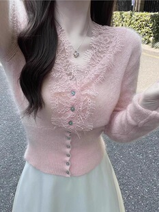 针织打底衫女秋冬内搭可外穿2025新款v领蕾丝修身毛衣短款上衣女