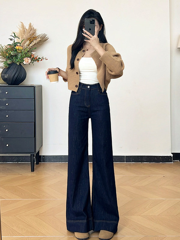 窄版阔腿牛仔裤女2025新款秋季小个子高腰宽松显瘦丹宁蓝直筒裤子