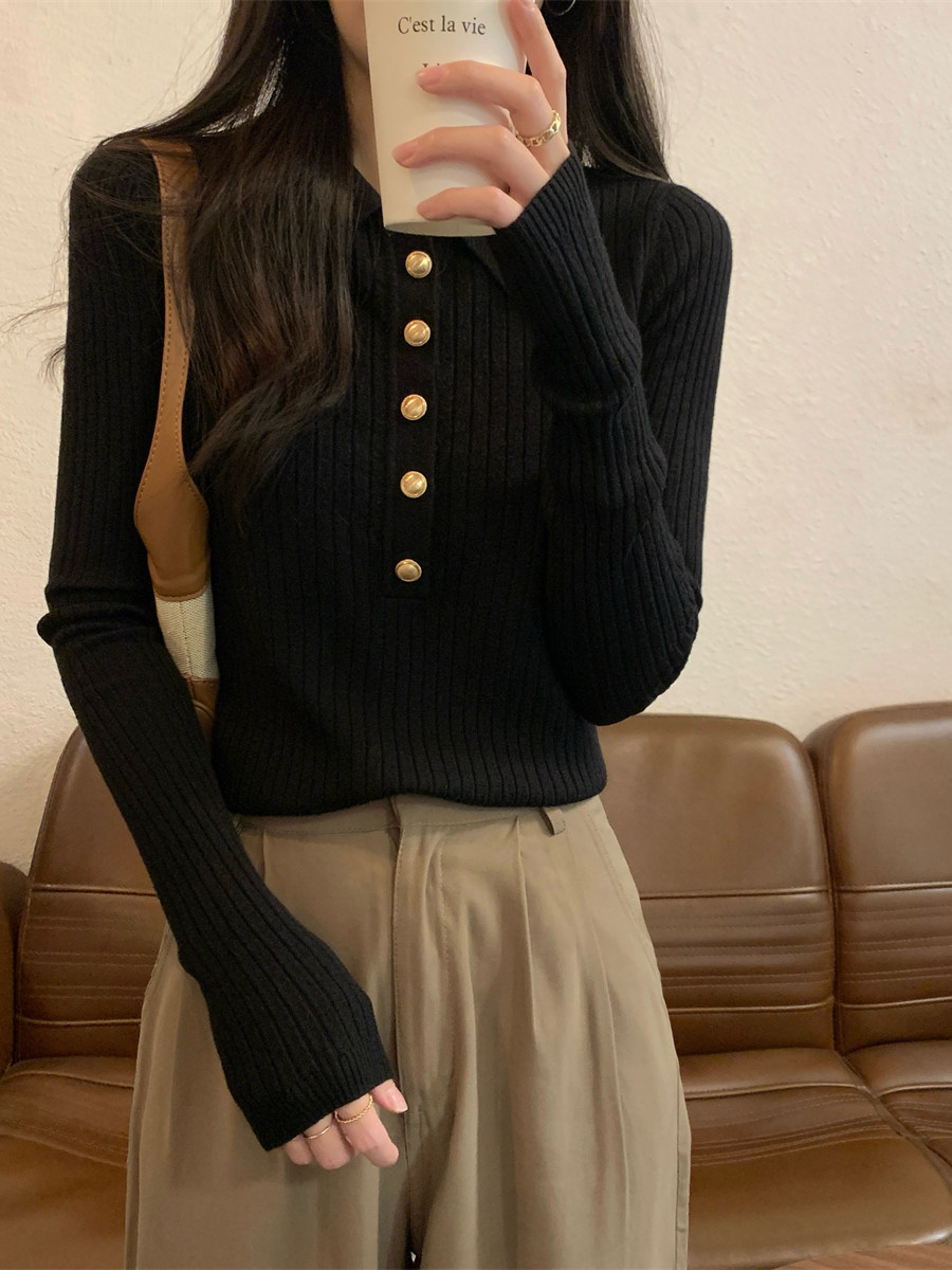 黑色针织衫女2025新款秋冬季高级感法式polo领紧身内搭毛衣上衣女