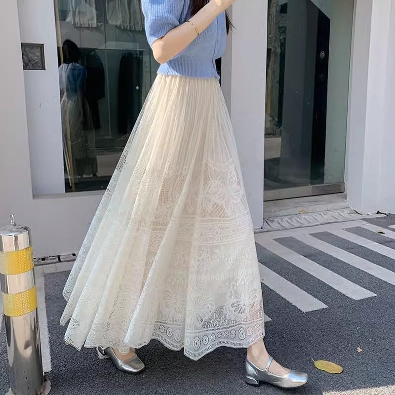 白色半身裙女夏季2026新款a字高腰显瘦气质蕾丝网纱百褶长裙子女