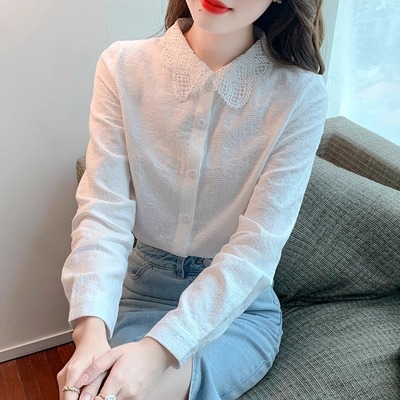 娃娃领衬衫女2025新款春秋轻奢提花衬衣设计感小众纯棉白色上衣女
