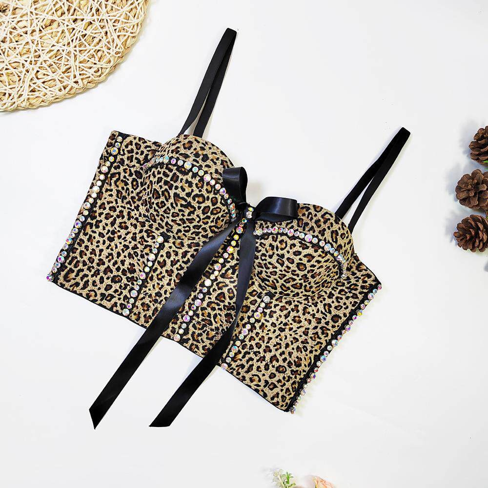 French Leopard Print Strapless Outer Wear Breathable Mesh