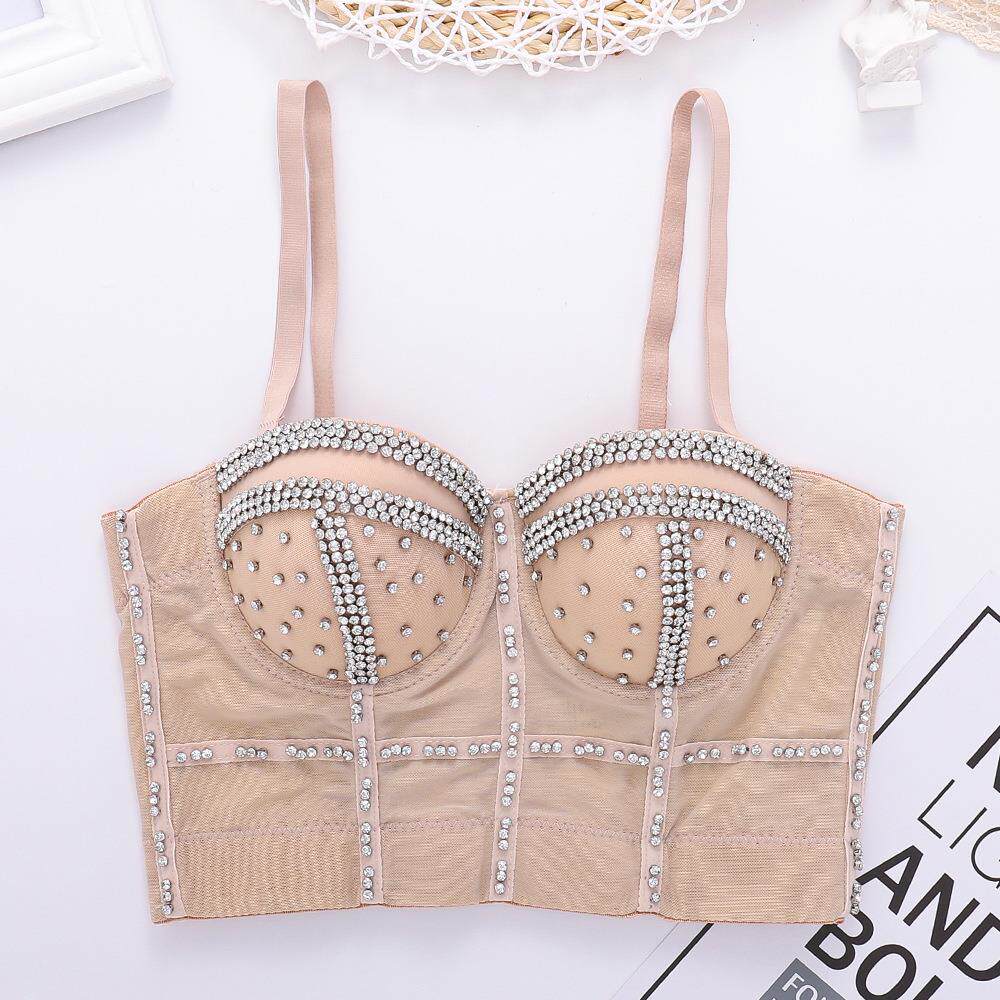 Full Beads Female Corset Top Camis Nightclub Pearls Short Ch