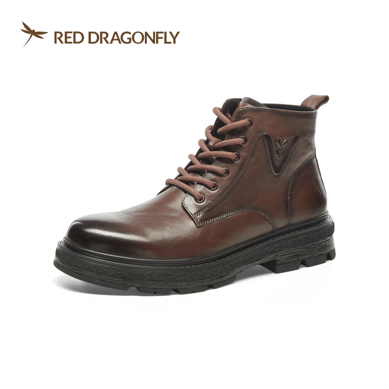 红蜻蜓冬牛皮男靴马丁靴短靴棉鞋