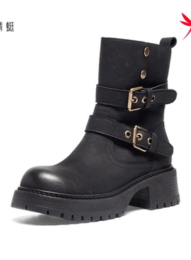 红蜻蜓2025冬季女式骑士中筒靴子CD68917001H方跟CD68917002B厚底