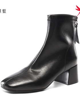 红蜻蜓2025冬女短筒弹力靴子CD62007231B方头粗跟CD62007232B时装