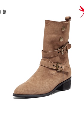 红蜻蜓2025冬季女士中筒骑士靴子CD68919002B铆钉CD68919003B粗跟
