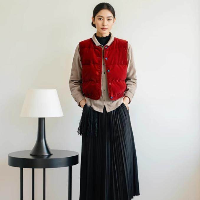 冬季新款文艺复古原创女休闲丝绒红平绒棉宽松保暖亲肤羽绒女马甲