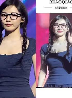 宁艺卓同款藏蓝色方领纽扣正肩短袖T恤女夏美式辣妹修身短款上衣.