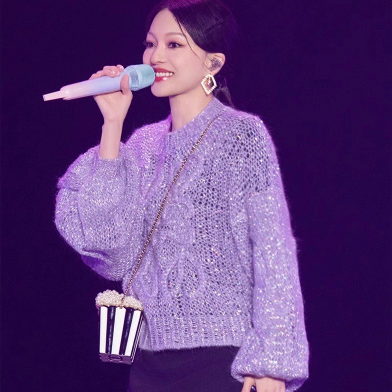 张韶涵演唱会同款紫色毛衣女慵懒风镂空灯笼袖套头百搭针织衫上衣