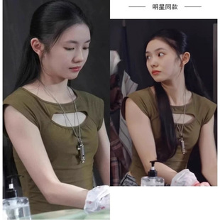 七根心简刘浩存木代同款军绿色镂空短袖t恤女夏修身性感辣妹上衣