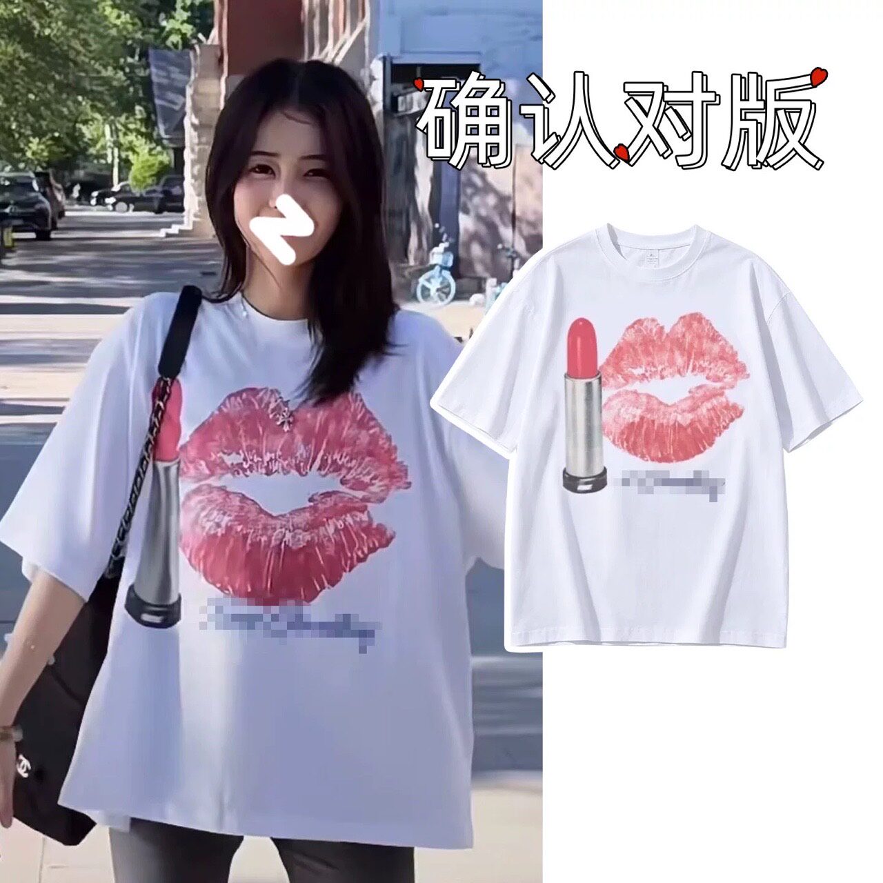 白鹿同款白色口红唇印印花短袖T恤女夏季宽松慵懒风显瘦百搭上衣