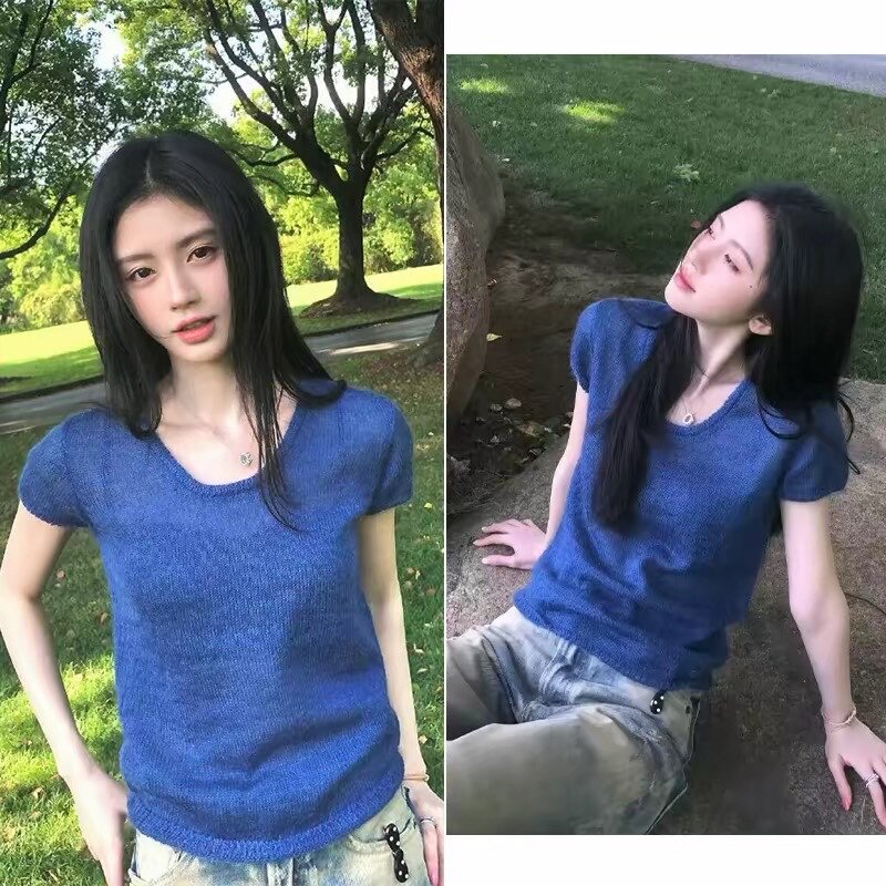鞠婧祎同款韩系蓝色U领微透针织短袖上衣薄款日常简约显瘦t恤女夏图片