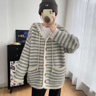 韩系撞色条纹连帽毛衣外套女2025秋季 新款 慵懒风宽松长袖 针织开衫