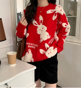 过新年兔子情侣时尚 2023新款 女 兔年本命年衣服红色毛衣女装 秋冬季