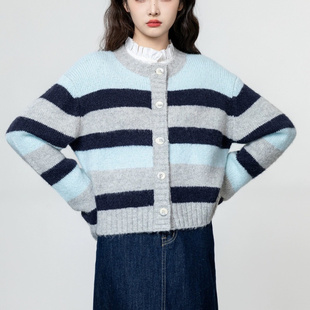 撞色宽松软糯针织开衫 复古条纹圆领毛衣外套女2025秋冬新款 短上衣