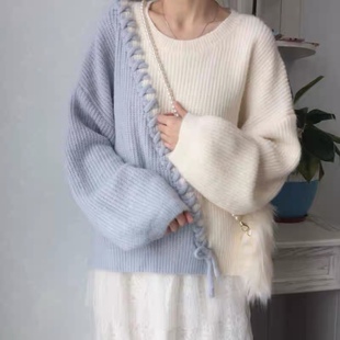 宽松外穿慵懒风设计感加厚针织衫 软奶日系温柔拼接毛衣女秋冬新款