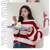 女早秋新款 沈梦辰同款 红白条纹针织衫 韩系宽松慵懒风圆领套头毛衣