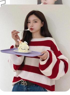 沈梦辰同款红白条纹针织衫女早秋新款韩系宽松慵懒风圆领套头毛衣
