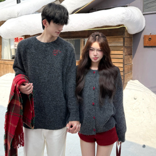 实拍情侣装 毛衣男套头 男女刺绣图案女加厚开衫