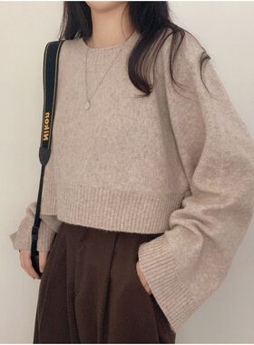 冬季短款毛衣韩版chic慵懒风毛衣宽松小个子长袖圆领套头针织衫女