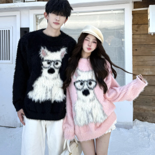 实拍情侣装 男女卡通宽松休闲套头毛衣