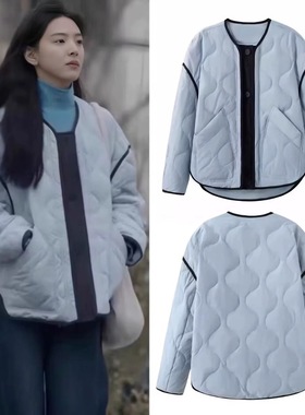 章若楠同款蓝色菱格轻薄羽绒服棉服女冬季新款韩系短款白鸭绒外套
