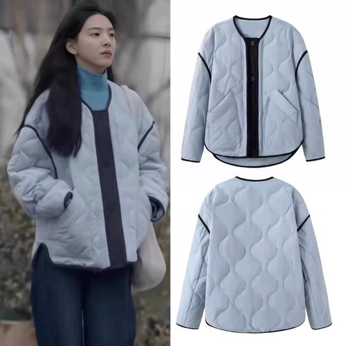 章若楠同款蓝色菱格轻薄羽绒服棉服女冬季新款韩系短款白鸭绒外套