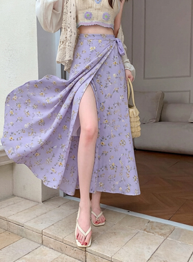 原创假日氛围感法式印花系带A字半身裙雪纺一片裙显瘦垂感a字长裙