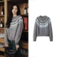 女秋冬复古撞色针织衫 沈梦辰同款 灰色费尔岛提花拉链毛衣开衫 外套