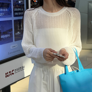 韩版纯色宽松慵懒风毛衣镂空小个子冰丝套头针织衫长袖毛衣罩衫女