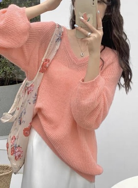 2025超柔马海新款韩版宽松慵懒风气质温柔V领毛衣女春款宽松上衣.