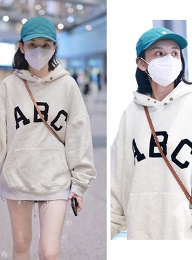 明星同款春秋潮牌ABC字母印花高街情侣宽松连帽加绒卫衣女