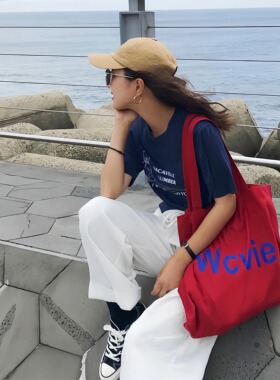 韩版ins同款红色帆布袋休闲字母印花帆布单肩包大容量学生书包