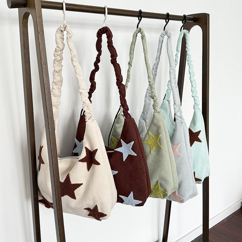 美式复古星星斜挎包女休闲百搭抽绳肩带斜挎包大容量通勤托特包潮,箱包皮具/热销女包/男包,时尚帆布包,淘宝优惠券,粉丝福利购,淘宝优惠卷