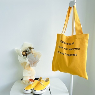 快乐限定’自制夏日明黄简约印花大容量帆布包亮色单肩包拉链内兜