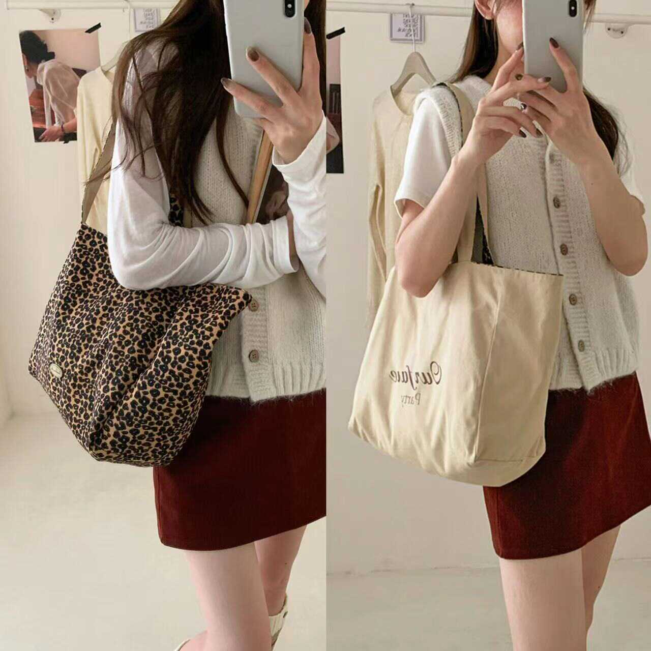 豹纹帆布包单肩包上课通勤托特包