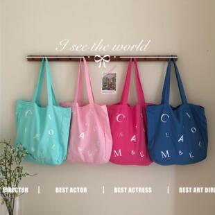 韩版慵懒风海边帆布包大容量薄荷绿托特包美式字母多巴胺单肩背包