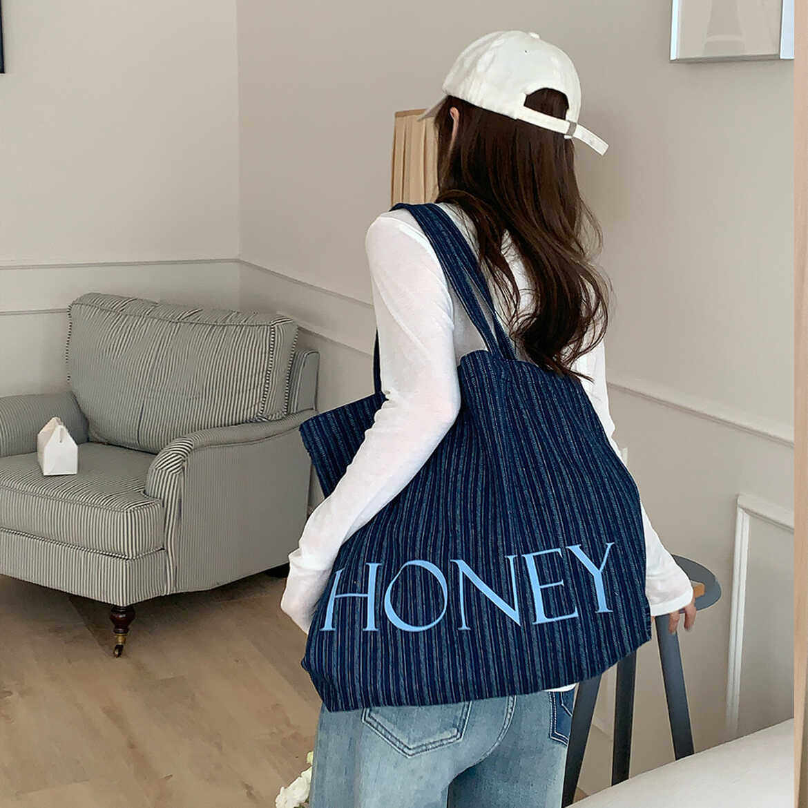 韩系大容量HONEY牛仔包条纹斜挎包百搭单肩包字母休闲包旅游出片,箱包皮具/热销女包/男包,时尚帆布包,淘宝优惠券,粉丝福利购,淘宝优惠卷