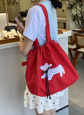 ins韩系慵懒风红色托特包大容量学生轻便通勤毛巾狗单肩帆布包包