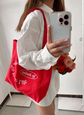 店主自留～正红色帆布袋子小众字母印花大容量学生上班通勤单肩包